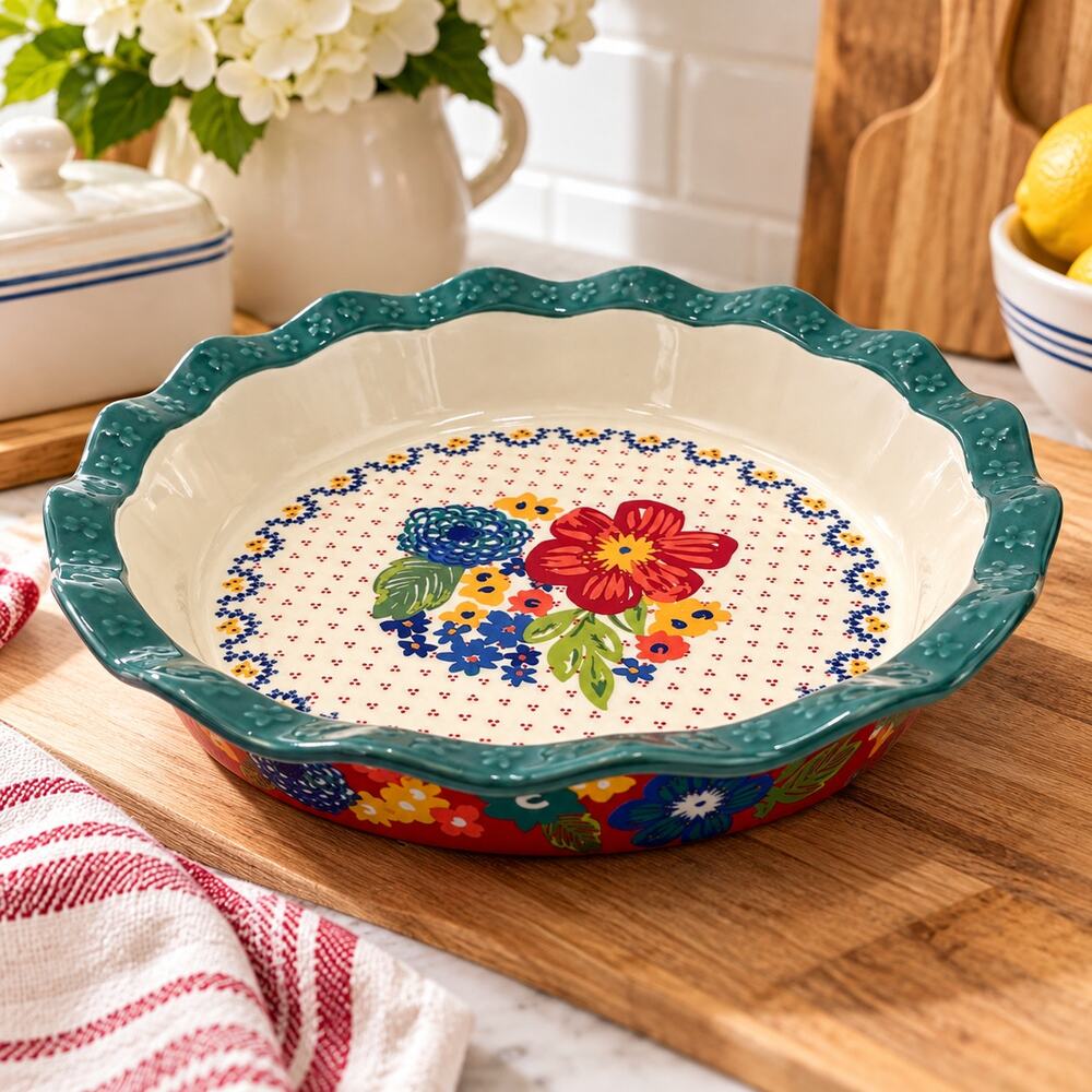 Pioneer Woman Floral Pie Plate 10" Stoneware Baking Dish Scalloped Teal Rim